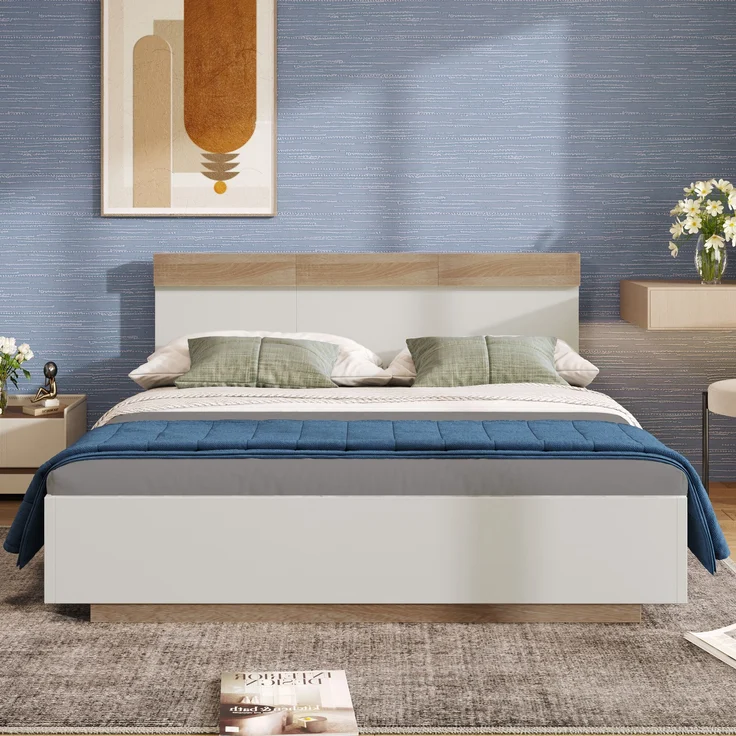 Holzbett Schwebebett mit Kopfteil & Lattenrost, 180x200 cm, 205x184x90,5 cm, Weiß/Eiche, ohne Matratze – Bild 2