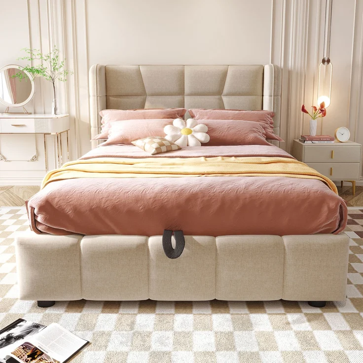EINHOM Polsterbett 90 x 200 cm, Kinderbett mit Lattenrost, Kopfteil und Pneumatischem Stauraumsystem, Leinenrahmen, Geeignet für Kinder und Jugendliche, Beige, (Ohne Matratze) – Bild 4
