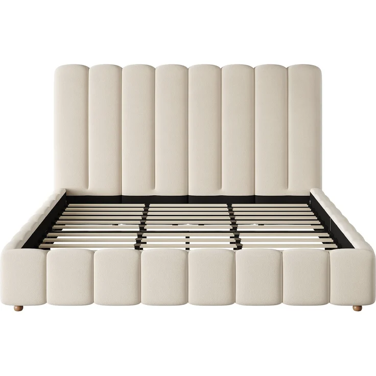 Merax Polsterbett, Doppelbett, 200*200cm, Bett mit Lattenrost und gepolstertes Kopfteil, Beine aus Massivholz, beige, samt – Bild 9