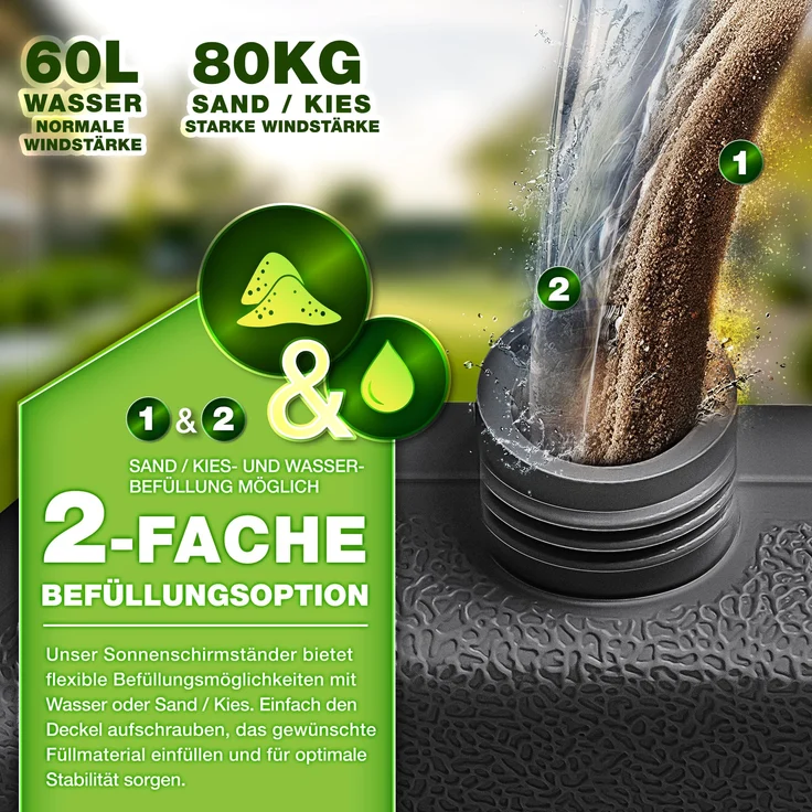 tillvex® Sonnenschirmständer Anthrazit 60 Liter / 80 kg – 4-teilig für Ampelschirm inkl. Metallverbinder | Schirmgewicht befüllbar mit Wasser oder Sand | Schirmständer Ampelschirmständer wetterfest – Bild 4