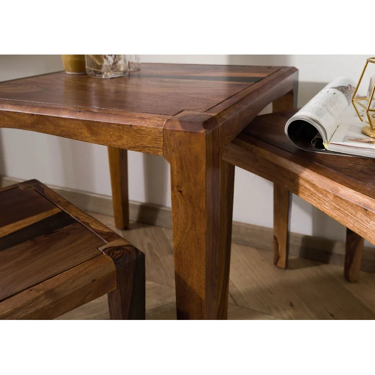 Beistelltisch 3er-Set Sheesham 50x50 / 40x40 / 31,5 x34 dunkelbraun lackiert ANCONA #251 – Bild 5