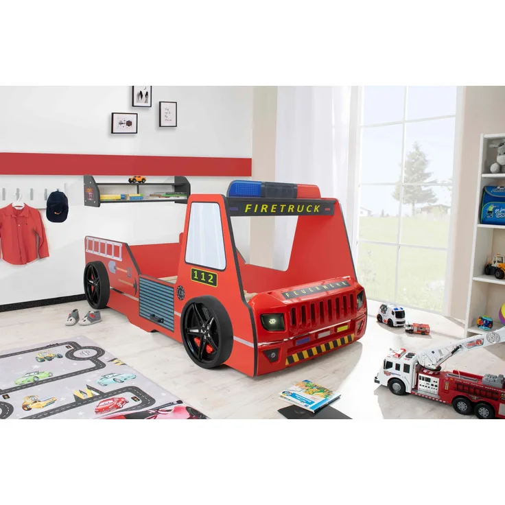 Autobett Kinderbett 90x200 Feuerwehrbett "Rio Firetruck" Hochglanz mit LED Leuchte Rot