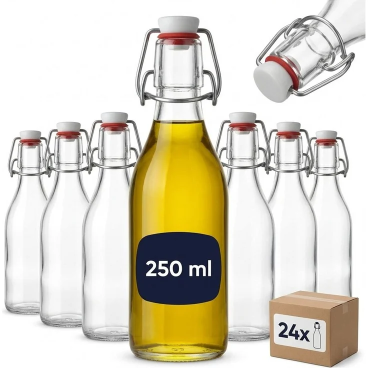 gouveo Trinkflasche gouveo 24er Set Glasflasche 250 ml rund mit Bügelverschluss (BFR250), 24er Set Mehrweg-Bügelflaschen 250 ml – auslaufsicher – Bild 1