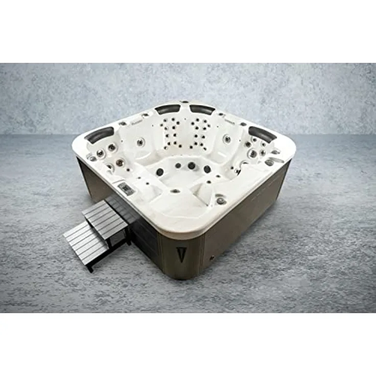 PureHaven American Outdoor-Whirlpool 230x230 cm für 6 Personen, 71 Massagedüsen, Heizung, LED-Beleuchtung, Thermoabdeckung, Farbe Sterling Silber/Grau