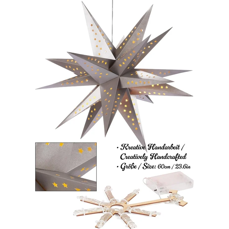 BRUBAKER LED Stern Weihnachtsstern für Innen - 60 cm XXL Leuchtstern - Hängend, Batteriebetrieben mit Timer, LED fest integriert, Warmweiß, Adventsstern für Fensterdeko Weihnachtsdeko - Papierstern Weihnachten – Bild 3