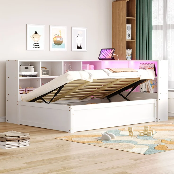 Kinderbett 90×200 cm mit Stauraum, LED-Lichtleiste und Steckdose, Weiß, ohne Matratze – Bild 1