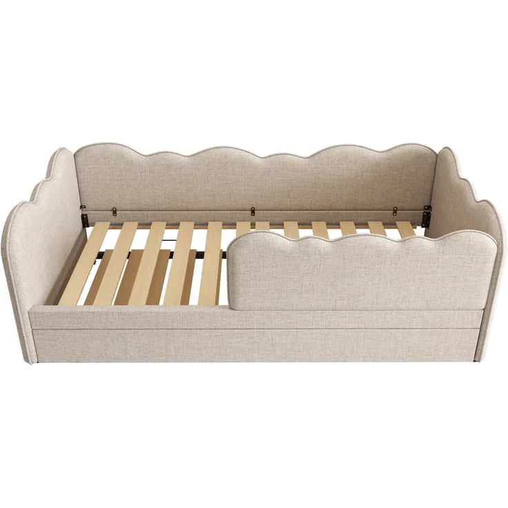 CHICFURN Bett aus Leinen Beige 90x190 cm mit Ausziehbett und gepolsterter Rückenlehne – Bild 8