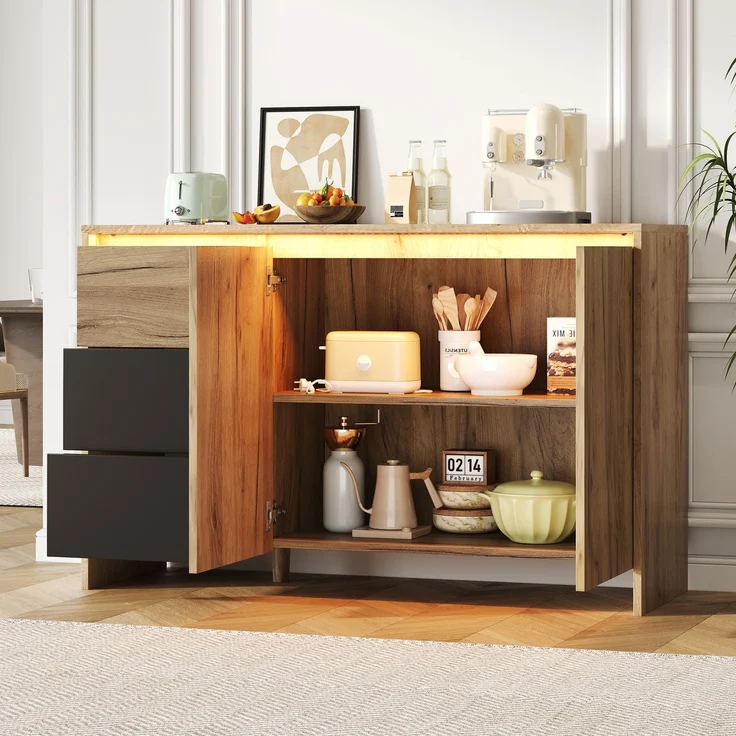 Sideboard B 120 x T 40 x H 76 cm in Holzoptik und Schwarz mit LED-Beleuchtung – Bild 2