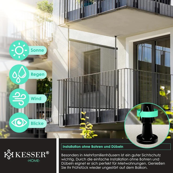 KESSER® Klemmmarkise Senkrechtmarkise außen Ausziehbar & Blickdicht | Vertikalmarkise mit Handkurbel ohne Bohren | Balkon-Sichtschutz & Windschutz für Garten & Terrasse Wasserfest 120 x 310 cm, Transparent / Anthrazit – Bild 4