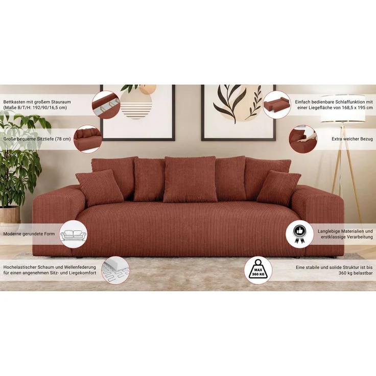 Home affaire Big-Sofa LAKESIDE 3-Sitzer Schlafsofa mit Bettkasten, Breite 256,5 cm, Liegefläche 168,5x195 cm, hoher Sitzkomfort, Maße B/T/H: 256/122/82cm – Bild 2