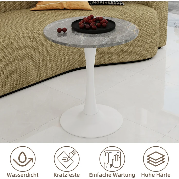 Novelux Runder Esstisch 70 cm Weißer Couchtisch Mid-Century Tisch für 2-4 Personen – Marmor Optik Tischplatte dunkelgraue Adern, Kompakter Bistrotisch – Bild 5