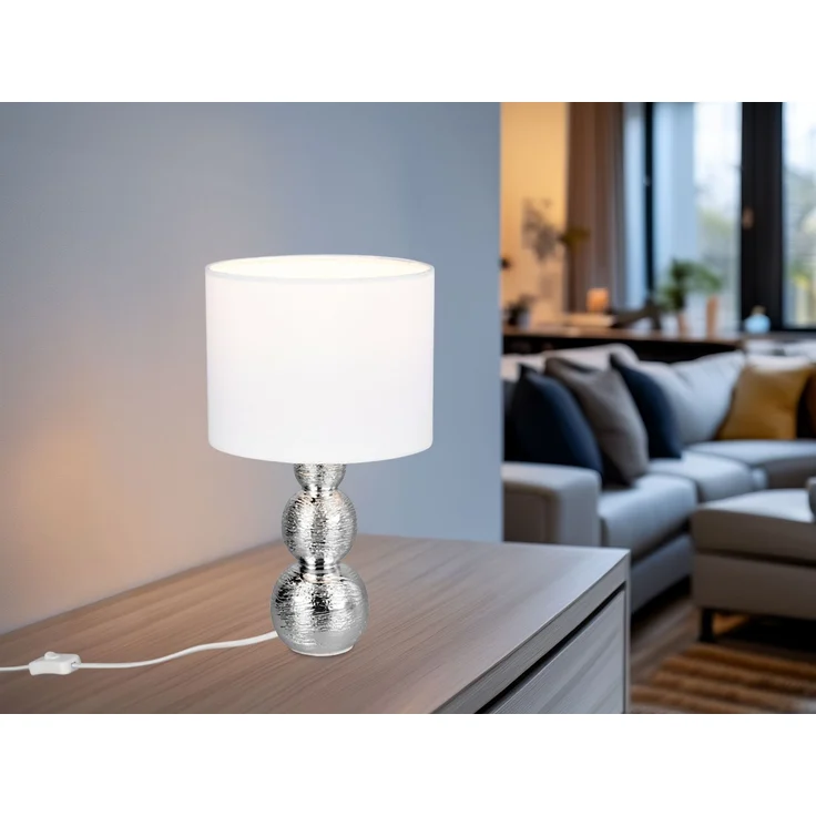 Tischleuchte LOVA mit Keramikfuß Silber & Stoffschirm Weiß, Höhe 29cm – Bild 5