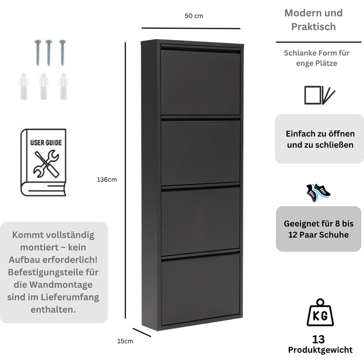 Schuhkipper Metall 50 x15 x 136 cm, 4 Klappen, schwarz RAL 9005 – Bild 2