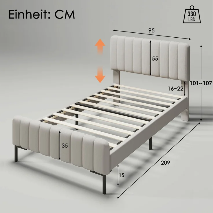 Polsterbett 90x200 cm mit höhenverstellbarem Kopfteil, stabilem Metallrahmen & Holzlatten, Stoff Grau-Beige,inklusive Matratze – Bild 8