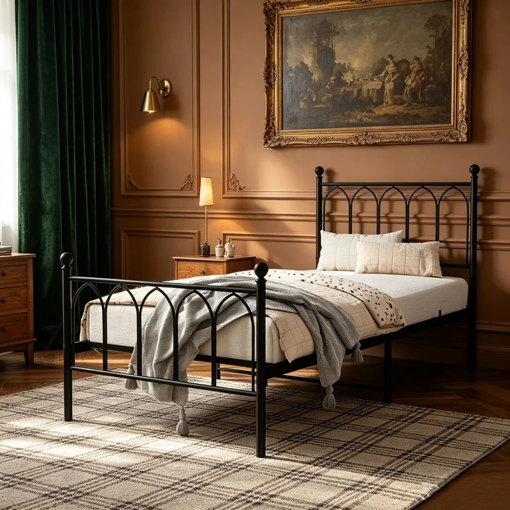 Metallbett 90x200 cm mit 15 cm Matratze, Vintage-Design, geschwungenes Kopfteil, Schwarz – Bild 3