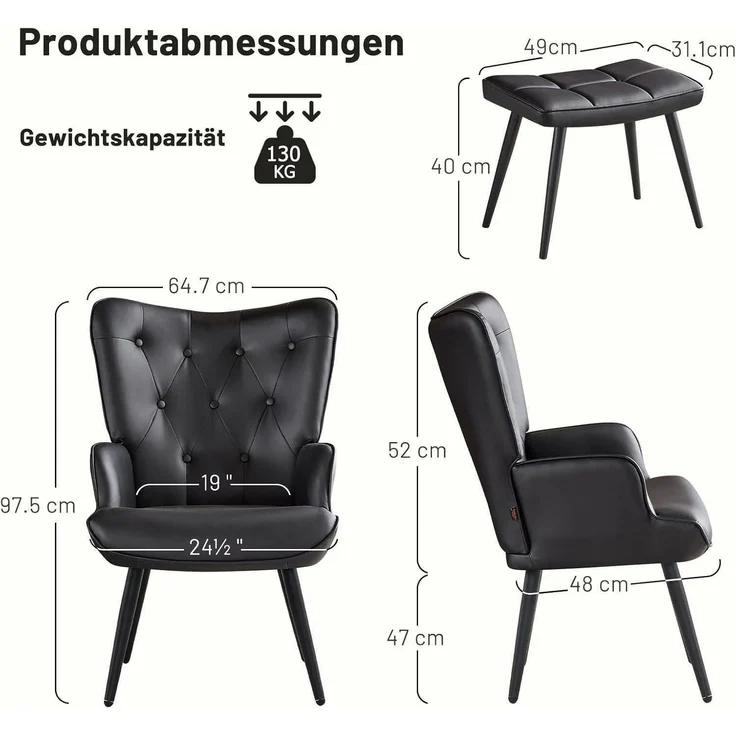 Sessel Ohrensessel Relaxsessel Kunstleder mit Hocker Schwarz pu – Bild 2