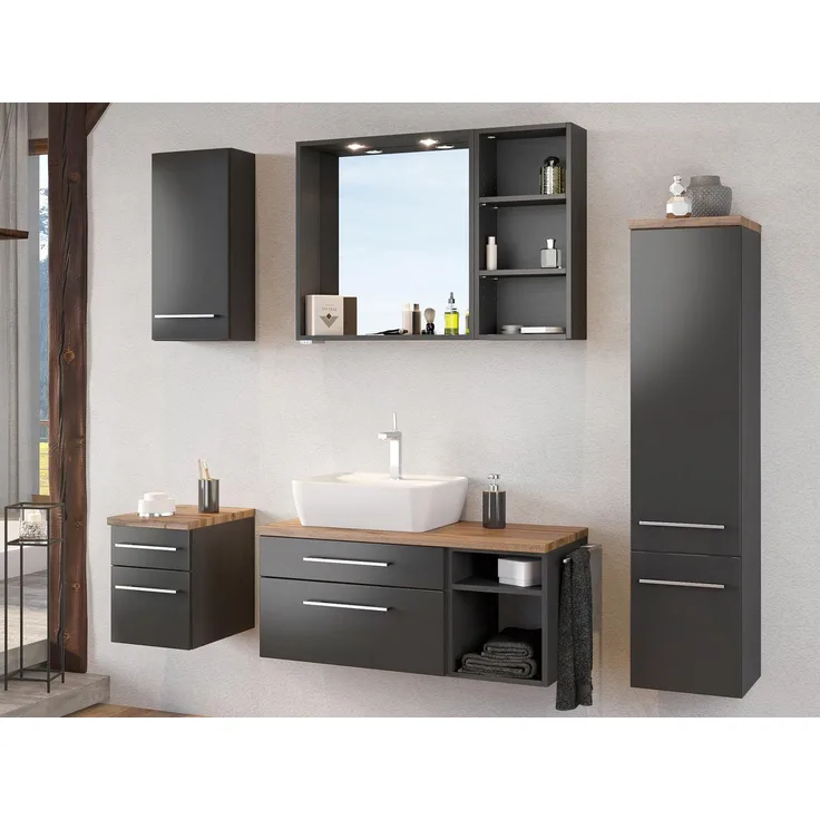 Badezimmer-Set >Davos< (6-teilig) in Graphit Grau-Matt Wotan Eiche Nachbildung