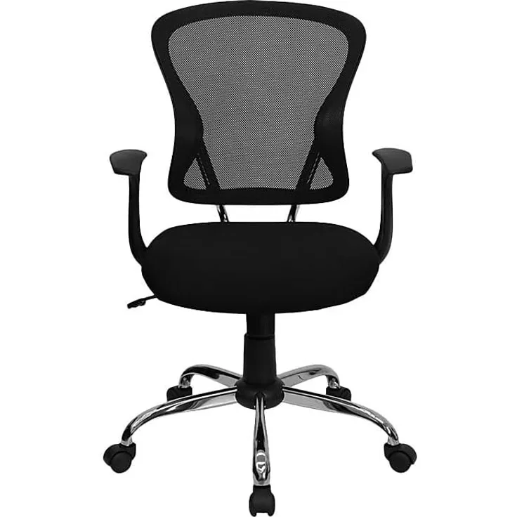 Flash Furniture Arbeitsstuhl, mittelhohe Rückenlehne, Netzmaterial, drehbar, mit Chrombasis und Armlehnen, schwarz, 74 x 61 x 28 cm