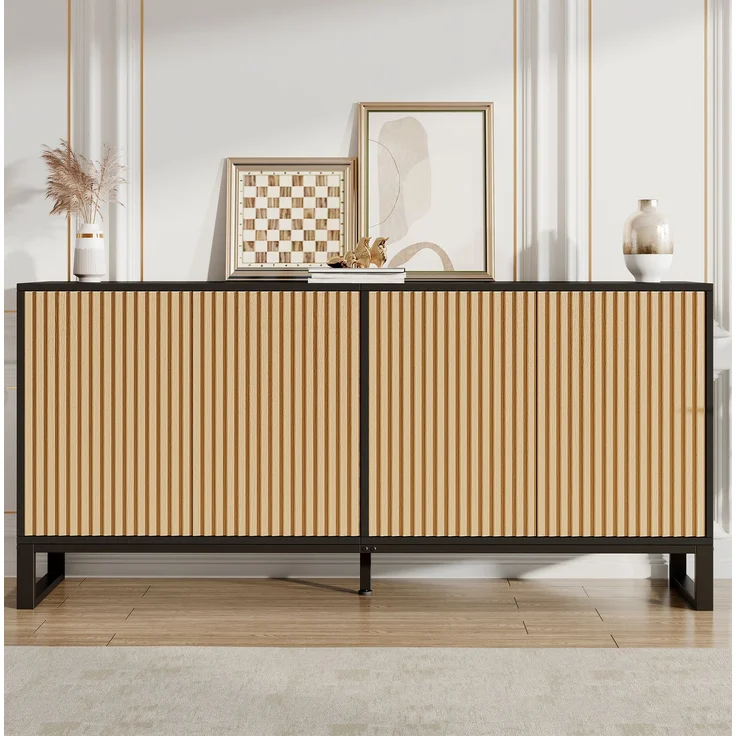 DESVIAE Sideboard Natur/Schwarz aus MDF/Spanplatte – 160x75x40 cm – 4 Türen, verstellbare Einlegeböden – Bild 3