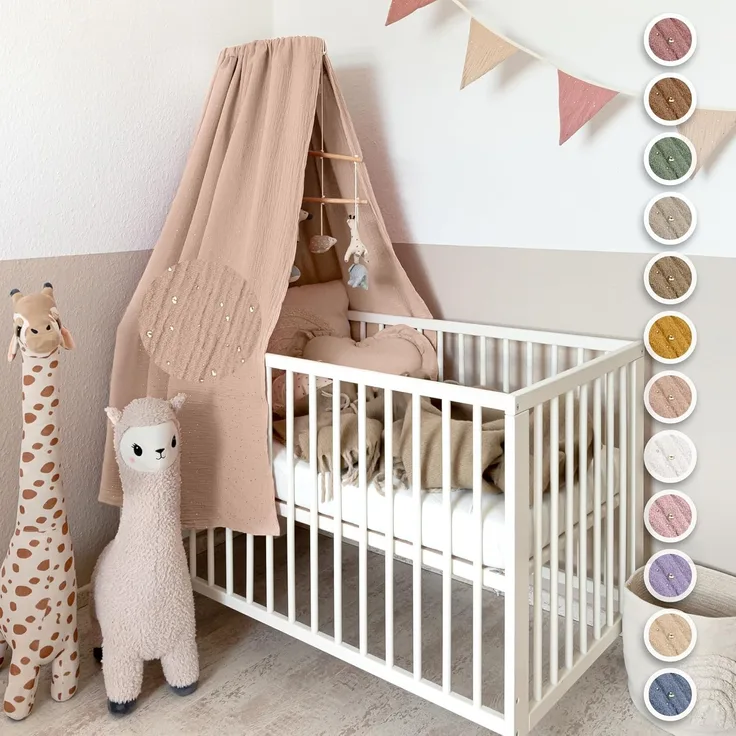 lilimaus Betthimmel Handgefertigter Baumwoll Betthimmel für Babybett, Gold Applikation, Stilvolle Musselin-Deko für Kinderzimmer, handgefertigt aus Baumwolle