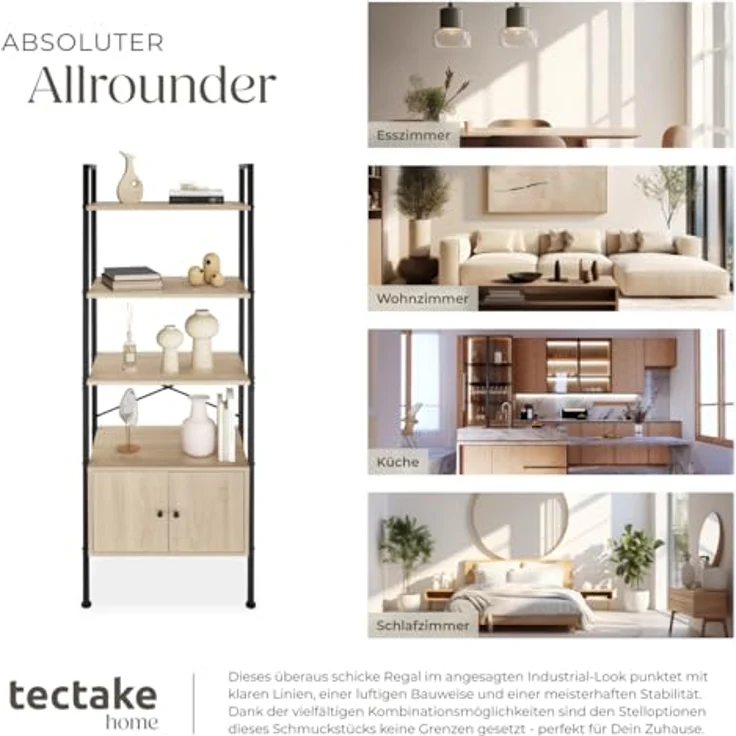 tectake Leiterregal Brentwood, Rechteckig in Natur, Holzwerkstoff mit Beton Optik, 34x173x57,5 cm, 4 Ebenen und 2 Schrankfächern – Bild 7