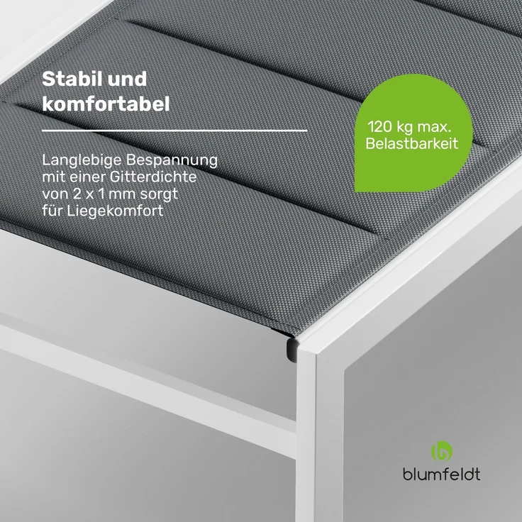 Blumfeldt Renazzo Sonnenliege - Verstellbarer Liegestuhl, Wetterfest & Ultraleicht, 5-Positionen Rückenlehne, Aluminiumrahmen, 120kg Kapazität, ComfortMesh, 195x60cm, Garten & Balkon, Weiß – Bild 6