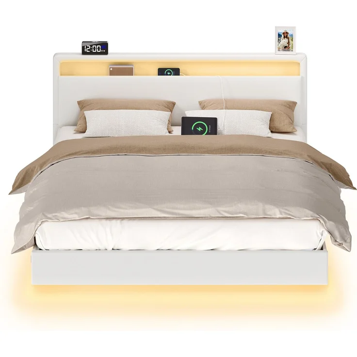 VASAGLE Bettgestell, Doppelbettgestell, 167 x 213 cm, schwebender visueller Effekt, Bett mit LED-Beleuchtung, hohem Kopfteil, Ladestation, modern, wolkenweiß – Bild 2