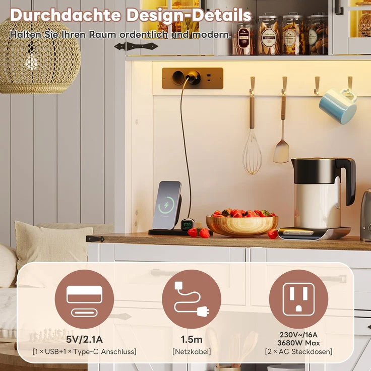ZUBALIYA Buffetschrank 100x40x172 cm, mit LED-Beleuchtung, mit Steckdosen, mit verstellbaren Einlegeböden, aus MDF, Braun / Weiß – Bild 6