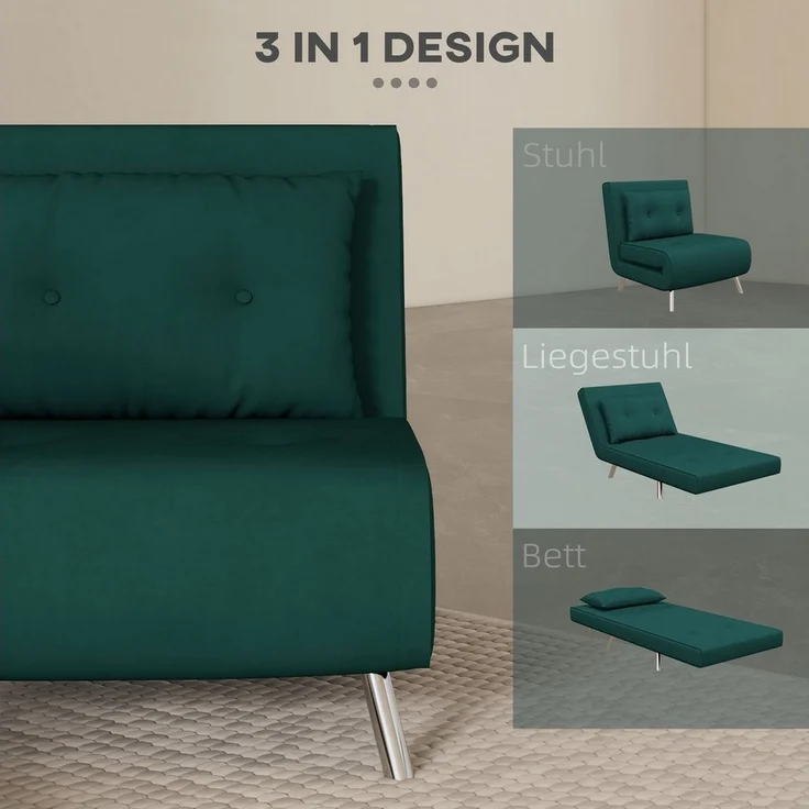 HOMCOM Sessel Schlafsessel, Klappsessel mit Bettfunktion, Einzelsofa mit Kissen (Gästebett, 1-St, Polstersofa), für Wohnzimmer, Schlafzimmer, Dunkelgrün, 77 x 88 x 83 cm – Bild 3