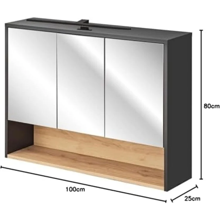 Spiegelschrank Bad 100 cm mit LED Beleuchtung BOLOGNA-56 in anthrazit mit Artisan Eiche Nb, B/H/T: ca. 100/80/25 cm – Bild 2