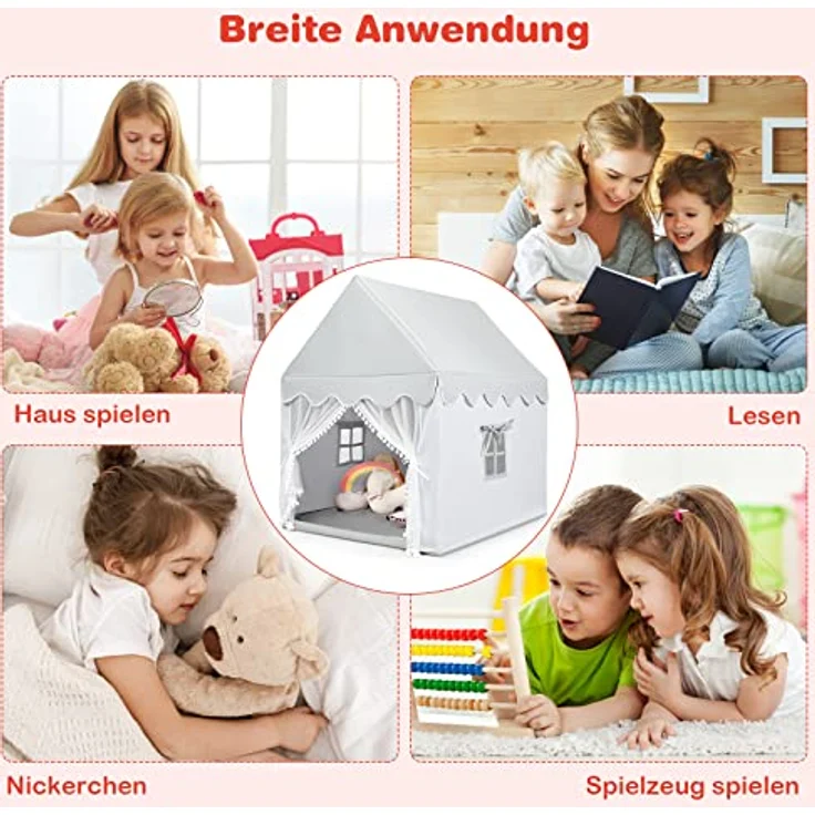 COSTWAY Prinzess Prinzessin Kinderzelt, Stoffzelt / Massivholzrahmen / Baumwolldecke grau, 120 x 105 x 140 cm – Bild 9