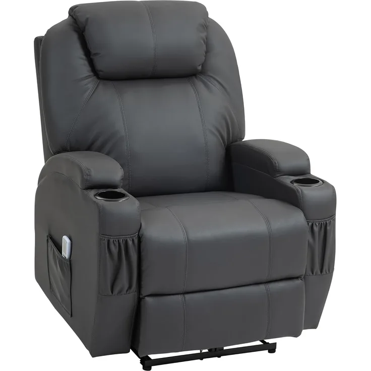 HOMCOM Massagesessel mit Liegefunktion, Fernbedienung, Becherhalter und Seitentasche (Fernsehsessel, 1-St, Relaxsessel), für Wohnzimmer, Büro, Dunkelgrau