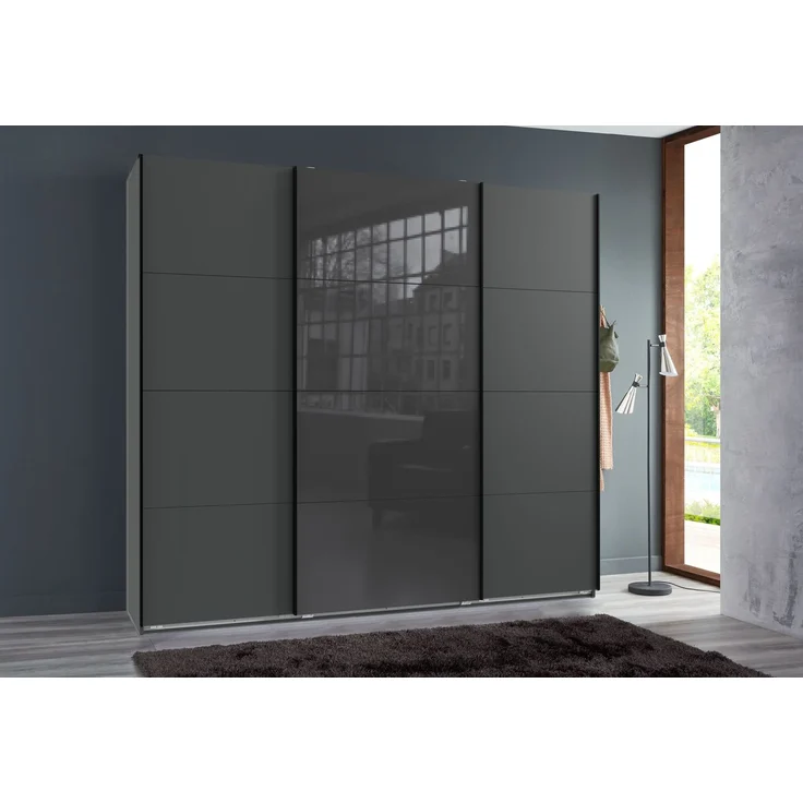 Schwebetürenschrank Kleiderschrank B225 cm extra H236 cm 3-trg. Grafit, 1x Tür Glas Grau – Bild 3