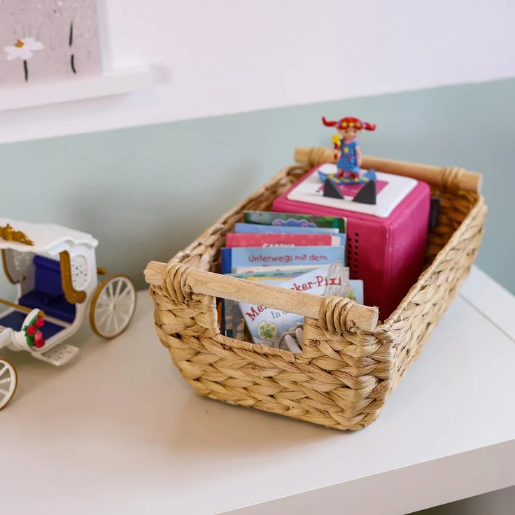 HMF Aufbewahrungskorb Aufbewahrungskorb mit Holzgriffen, Korb geflochten aus Wasserhyazinthe, Badezimmerkorb, lang und bauchig, 32 x 22 x 12 cm – Bild 7