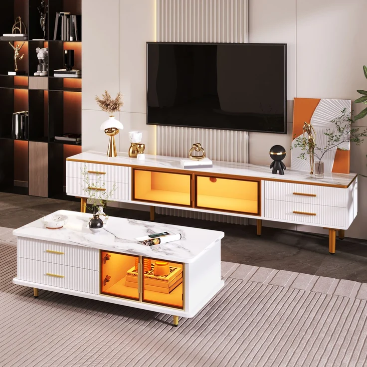 JARDJ Couchtisch, TV-Schrank, modulare Wohnzimmermöbel, Tür aus gehärtetem Glas, Rahmen aus Aluminiumlegierung, Schubladen mit Wellenstruktur, goldene Griffe und Beine, Tischplatte mit Marmorstruktur – Bild 2