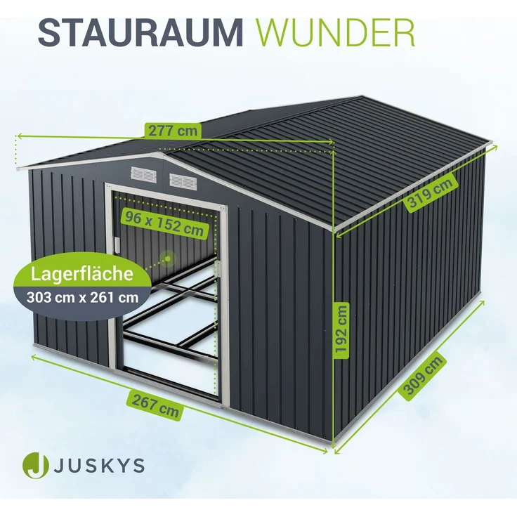 Juskys Metall Gerätehaus XXL mit Satteldach, Schiebetür & Fundament, anthrazit, 15m³ | 277×319×192 cm – Bild 4