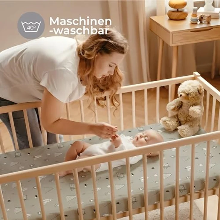 Dreamzie 2er Set Spannbettlaken 40x90 cm Beistellbett - Baumwolle Oeko-Tex - Bettlaken für Stubenwagen & Babybett klein - Woodland Weiß/Grau – Bild 8