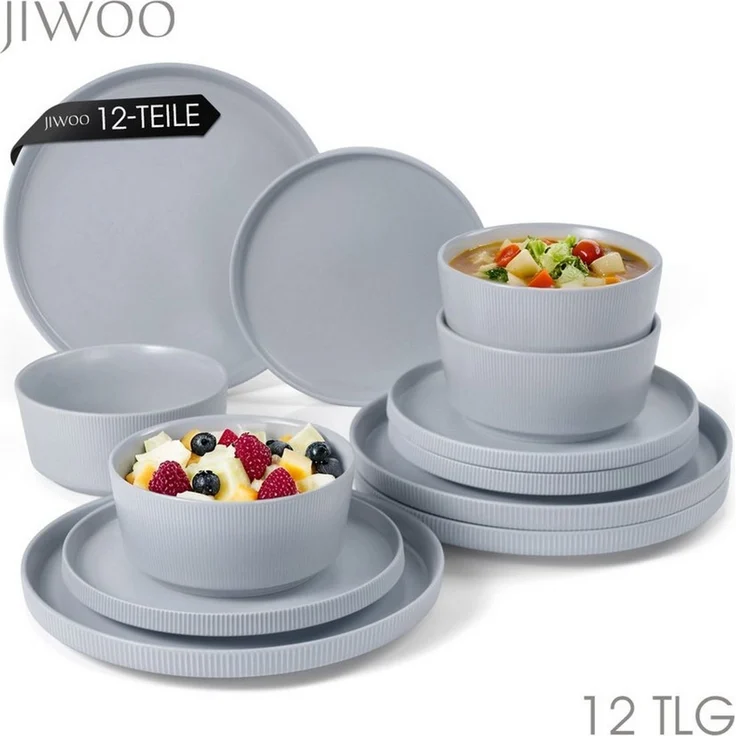 JIWOO Geschirr-Set 12tlg Kombiservice Teller-Set Tafelservice Schüssel-Set Speiseteller (12-tlg), 4 Personen, Keramik, Hochwertiges Geschirr set Grau Mikrowellen spülmaschinenfest – Bild 1