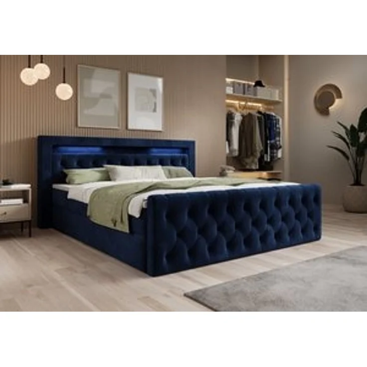 thematys Boxbett LED mit Bettkasten 180x200cm, mit Bonnellfederkernmatratze H3, Bouclé/Velours, mit Stauraum, mit 3 cm Topper, Blau (Velutto 11), Art.-Nr. S04JN0YRRN0 – Bild 7