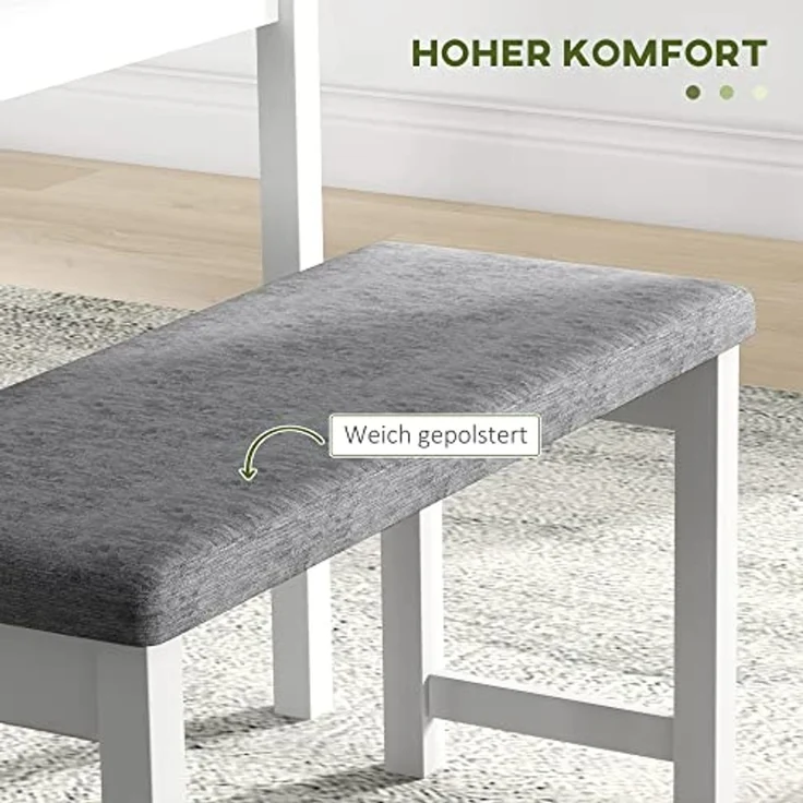HOMCOM Essgruppe Esstisch mit 2 Gepolsterten Stühlen, Bank, (Esszimmergruppe, 4-tlg, Esstisch-Set), für Küche, Esszimmer, Kiefernholz, Grau+Weiß – Bild 4