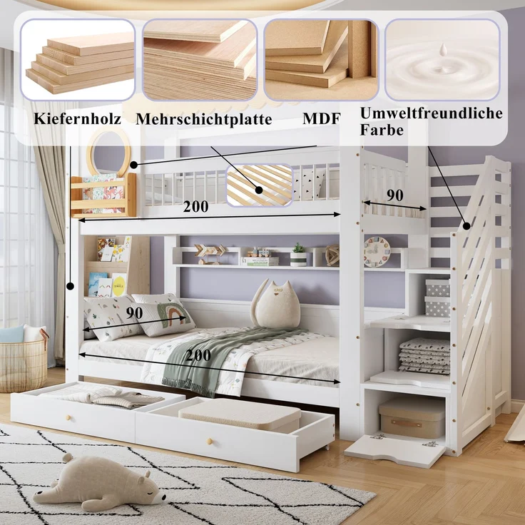 Merax Kinderbett, 90x200cm Jugendbett, Etagenbett, Zwei Aufbewahrungsschublade mit Rollen, Mit Treppenschrank, Mit mit einer Reihe von 2 Meter langen Regalen, Seitliche Ablage, Kiefer + MDF, Weiß – Bild 5