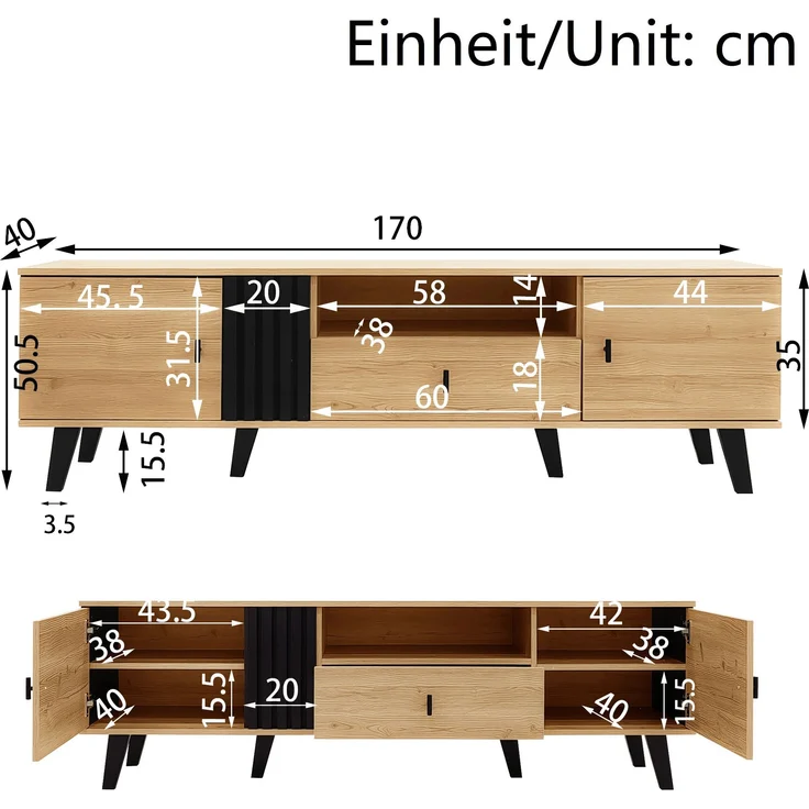 TV-Lowboard aus Spanplatte mit Glas, 2 Türen & Schublade, 170x40x50,5 cm, Natur/Schwarz – Bild 9
