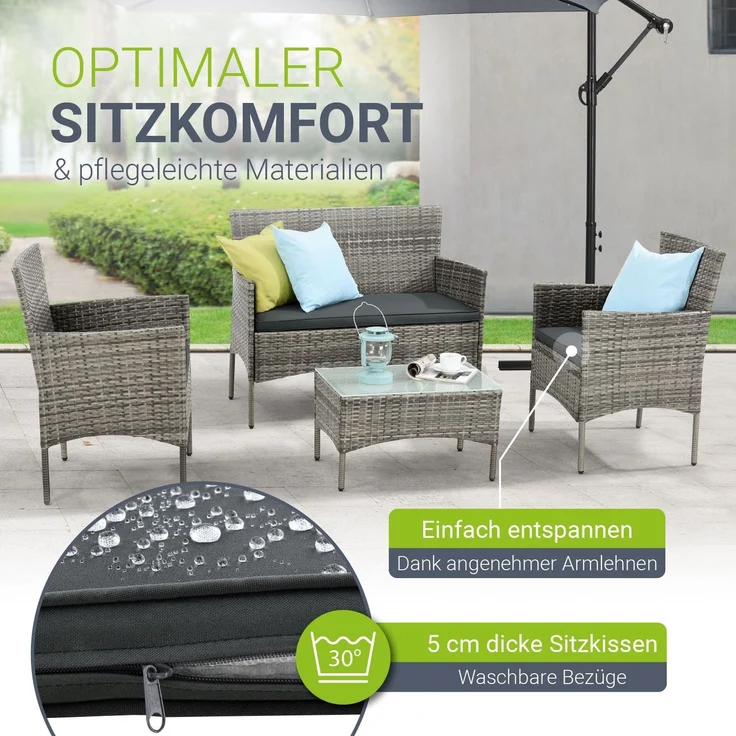 Juskys 'Fort Myers' Gartenmöbel Set mit Tisch, Sofa & 2 Stühlen, Polyrattan, 60x35 cm, Grau-meliert / Grau – Bild 2