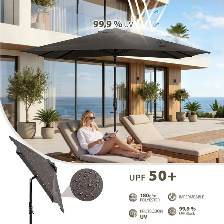 Sekey Sonnenschirm Rechteckig Marktschirm Neigbar mit Kurbel Sonnenschirm Groß, LxB: 210x140 cm, Sonnenschirm 200 x 140 cm, Gartenschirm Outdoor Wetterfest, Knickbar – Bild 3
