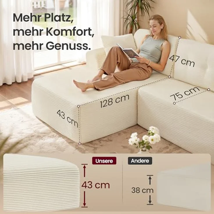 VASAGLE Ecksofa, modulares Sofa 244 cm breit, vakuumverpackt, Schlafsofa, Keine Montage erforderlich, mit großer Chaiselongue Links, für Wohnzimmer, Gästezimmer, cremeweiß LCS183WD01 – Bild 4