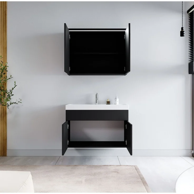 Badplaats Badmöbel Komplettset Paso 02 80 x 40 cm Schwarz Matt - Badezimmermöbel mit Waschbecken und Spiegelschrank – Bild 3
