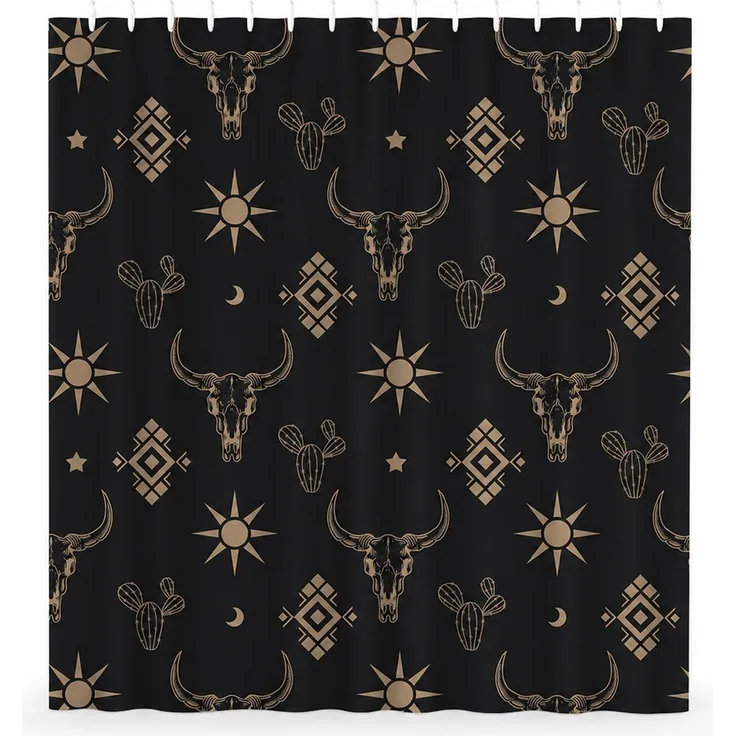 Wasserdichter Duschvorhang mit Westernmuster Schwarz-Beige 220 x 180 cm