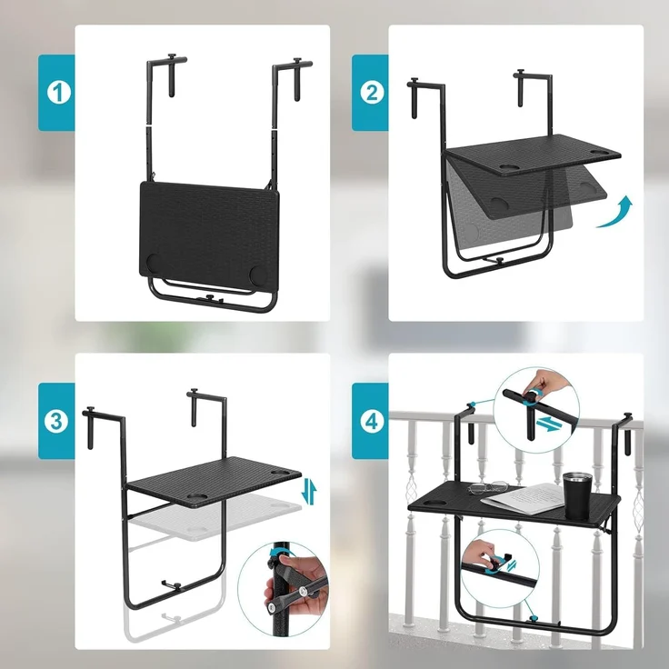 Woltu Balkonhängetisch (1-St), Klapptisch zum Hängen, mit 3 Höhenverstellbar, Schwarz – Bild 6