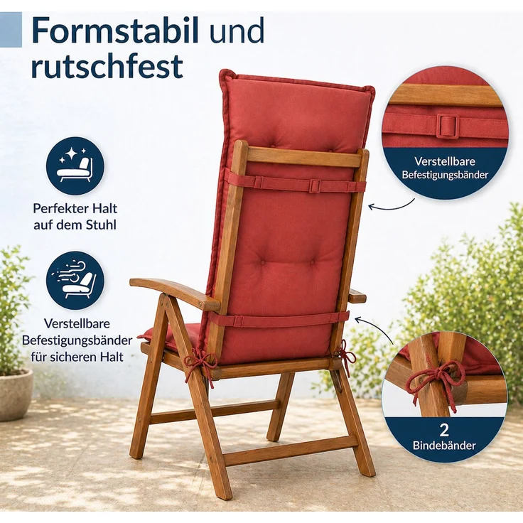 BURI 4x Hochlehner Auflage 117x49x6 cm - wetterfeste Gartenstuhlauflage mit Schaumkern & Vollvlies, Halteband & Bindebänder, bequemes Stuhlpolster für Balkon, Terrasse & Garten (Rot) – Bild 4