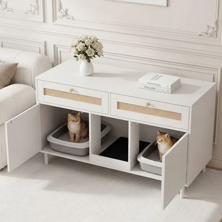 Katzentoilettenschrank mit Katzenstreufangmatte, Katzenstreuschrank, Haustierschrank mit Rattanschublade, Haustier-Sideboard/TV-Schrank, ohne Katzenstreu-Box, Weiß, 120x50x65 cm